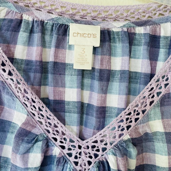 Chico's Linen Blue and Purple Checkered Blouse - Picture 6 of 11